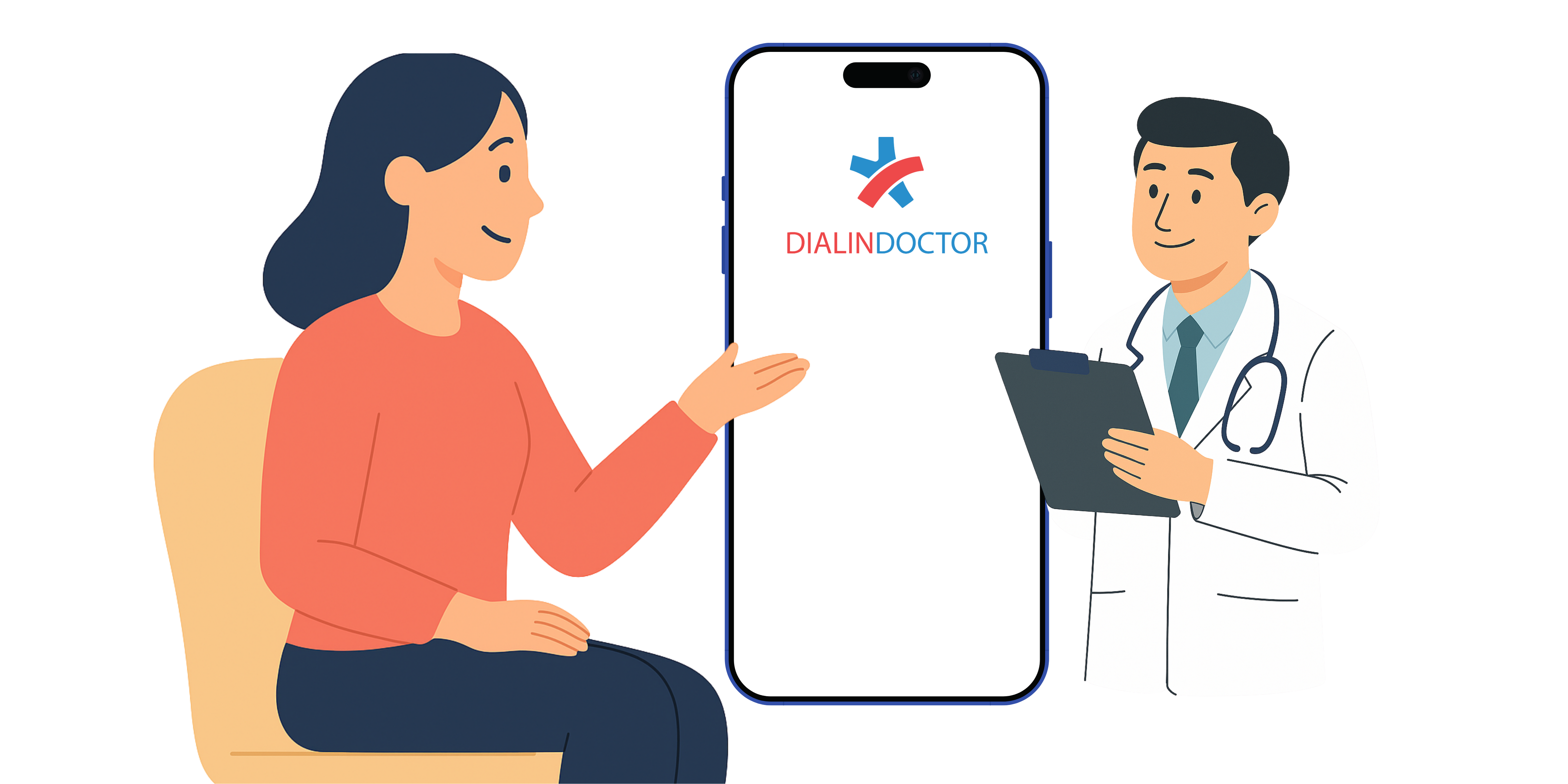 Illustration of a patient speaking with a doctor through the Dial In Doctor app on a mobile phone