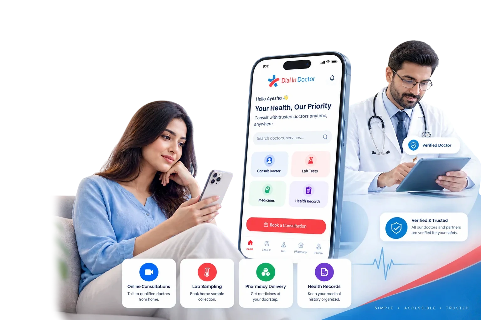 Illustration of a patient speaking with a doctor through the Dial In Doctor app on a mobile phone